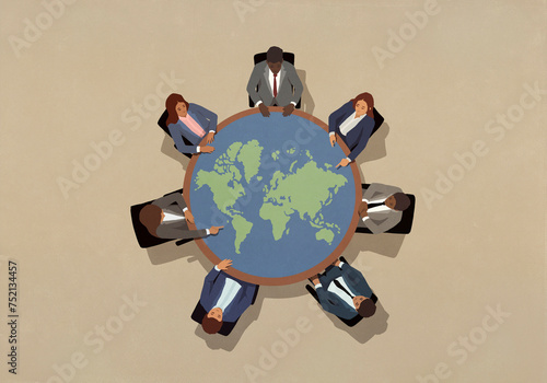 Business leaders meeting around round globe table
 photo