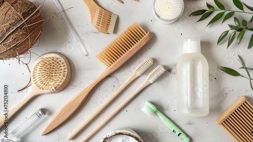 zero waste cleaning, plastic free eco natural coconut brushes for washing dishes, comb, toothbrush, glass straws, eco friendly flat lay 