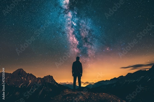A Lone Observer Under the Starlit Sky Amidst Majestic Mountains.