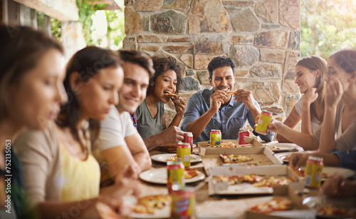 Friends, group and eating of pizza in house with happiness, soda and social gathering for bonding in dining room. Men, women and fast food with smile, drinks and diversity at table in lounge of home