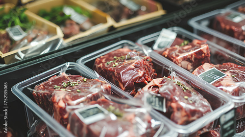 Pieces of fresh raw lamb packed in plastic trays wrapped in film with labels offered for sale in butcher shop