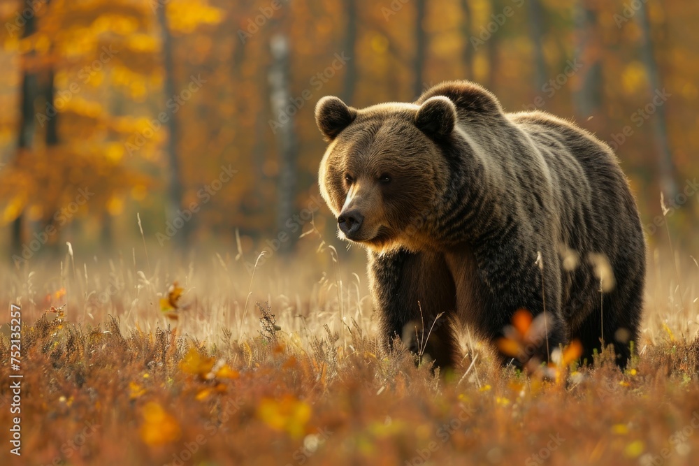 A Serene Moment with a Brown Bear in an Autumn Forest. A Serene Moment with a Brown Bear in an Autumn Forest.