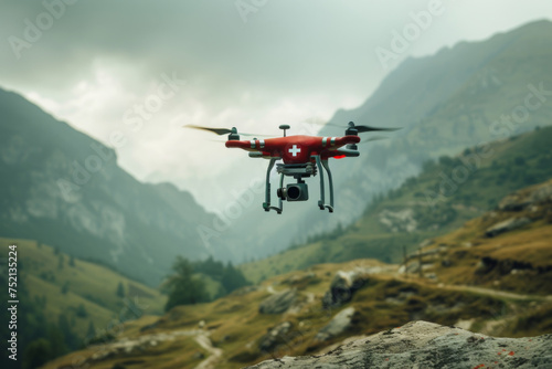 A red emergency medical drone equipped with a camera preparing for takeoff to deliver a first aid kit in a mountainous terrain.