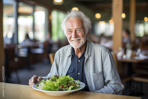 Joyful Elderly Man with a Heartwarming Smile Dining in a Cozy Restaurant