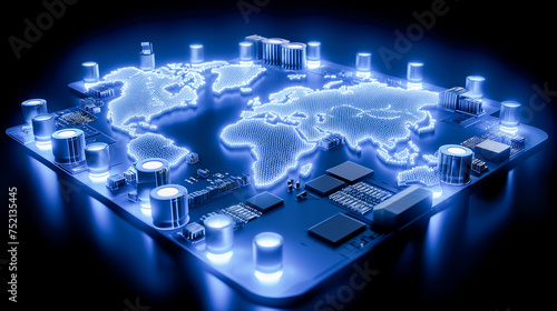 3D concept of a global circuit board with lighted buildings representing connected technology across the world