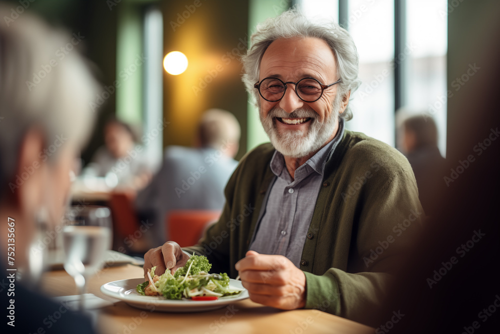 Joyful Elderly Man with a Heartwarming Smile Dining in a Cozy Restaurant Joyful Elderly Man with a Heartwarming Smile Dining in a Cozy Restaurant