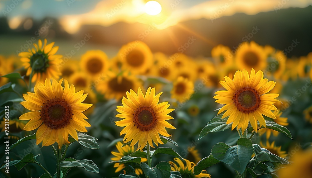 Sunflower field at sunset. Sunflower field at sunrise. Field of yellow fully bloomed sunflowers during summer time. Yellow flower bloom