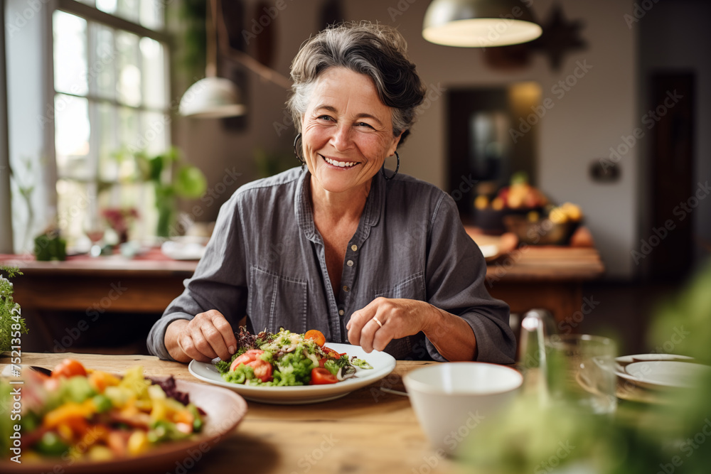 Healthy Lifestyle: Joyful Senior Woman Enjoying a Fresh Salad at Home