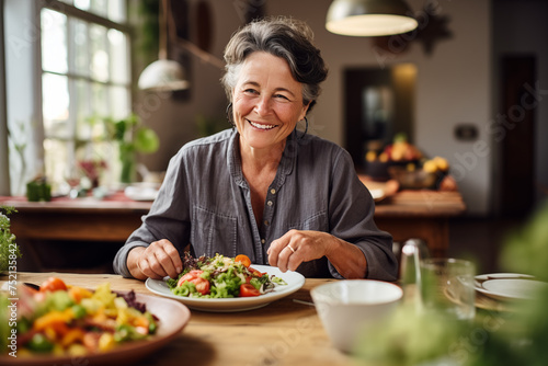 Healthy Lifestyle  Joyful Senior Woman Enjoying a Fresh Salad at Home