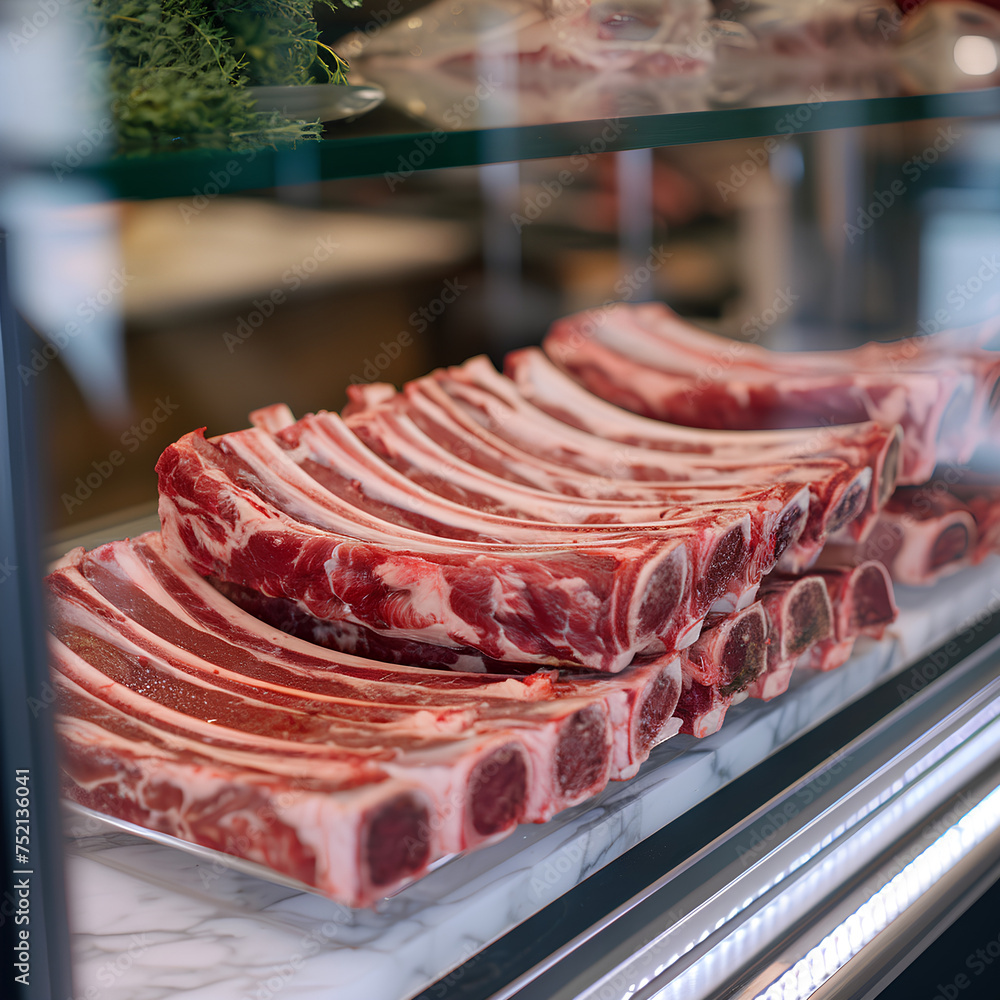 Slabs of raw pork ribs arranged in refrigerated butchery shop display case, Fresh meat products