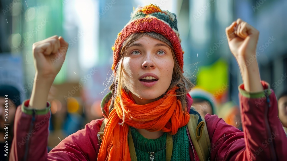 Enthusiastic Young Woman Raising Fist in Solidarity During Peaceful Protest in Urban Setting