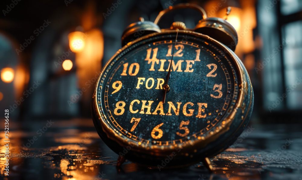 3D conceptual image depicting a clock with words TIME FOR CHANGE ...