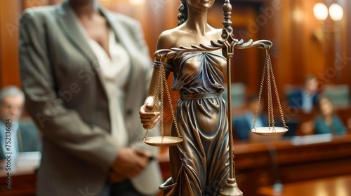 Bronze Statue of Lady Justice in Courtroom with Lawyer Standing in Background Symbolizing Legal System