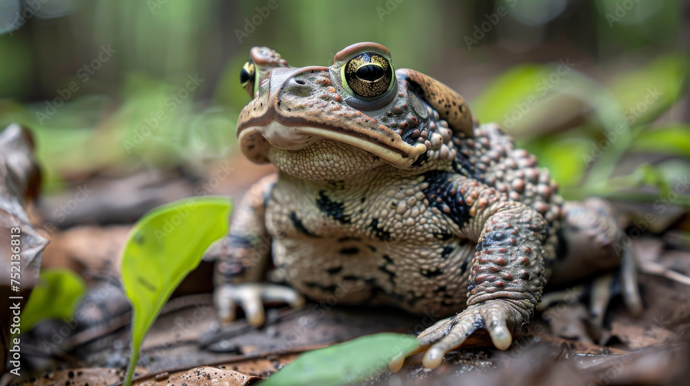 Obraz premium A toad with distinctive spotted skin sitting calmly on the forest floor.