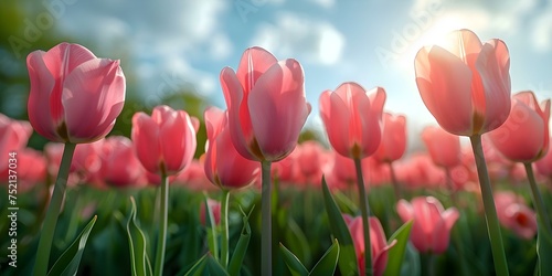 Scenic view of blooming pink tulips in a lush green meadow. Concept Nature  Flowers  Spring  Tulips  Scenery