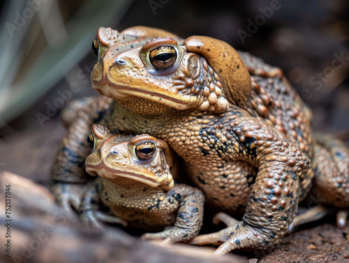 Two toads mother and child on damp forest ground, with vibrant textured skin.