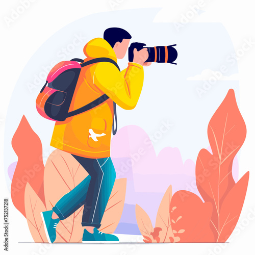 Vibrant Illustration of a Photographer Observing Nature, Vector File