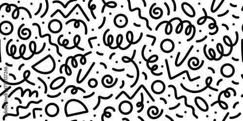 Doodle seamless pattern. Fun black line background. 90s kids background. Funny modern childish drawings. Wallpaper and wrapping design. Banner backdrop. Simple party confetti vector illustration