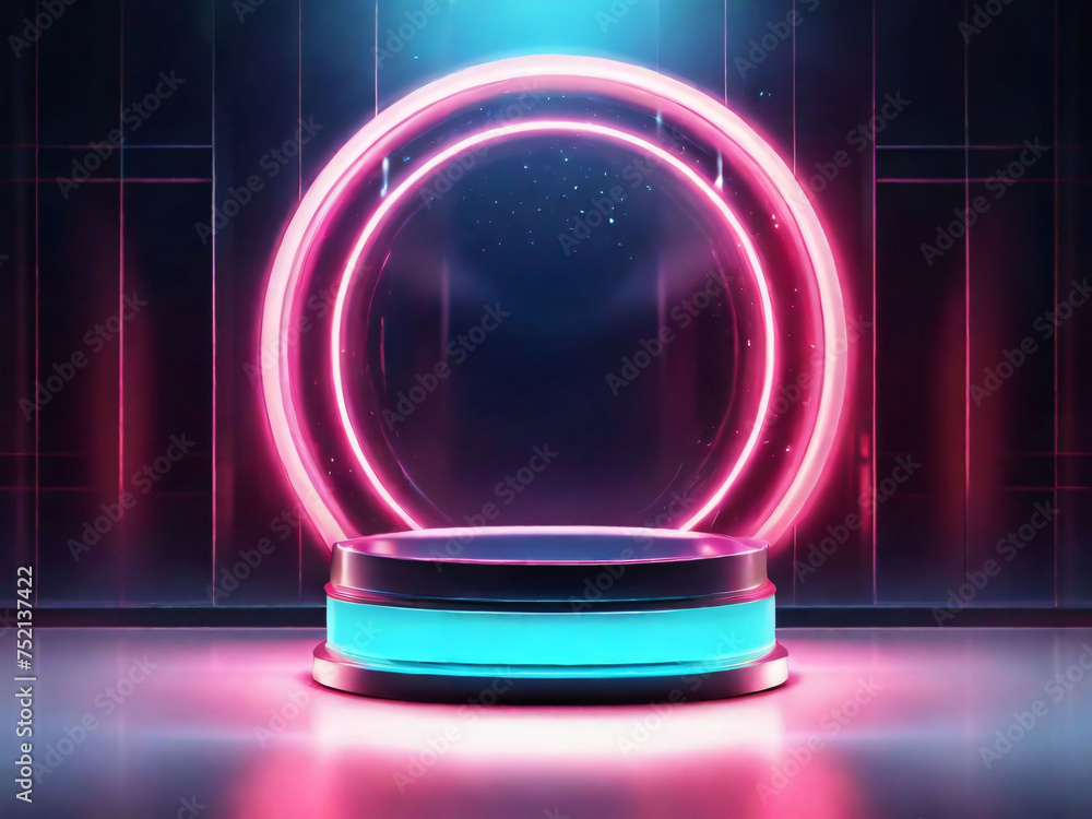 Vector Realistic cylinder pedestal podium in Sci-fi abstract room with illuminate circle neon lamp and shiny glitter in window. product display. Futuristic minimal scene high resolution. Vector Realistic cylinder pedestal podium in Sci-fi abstract room with illuminate circle neon lamp and shiny glitter in window. product display. Futuristic minimal scene high resolution.