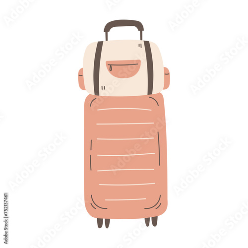 Cabin luggage with bag travel vector illustration. Big beige suitcase for traveling. Isolated on white background. Journey trip vacation transportation concept design