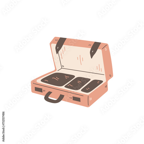Open suitcase with clothes hand drawn vector illustration. Trip voyage journey travel tourism tour concept design. Isolated on white background.