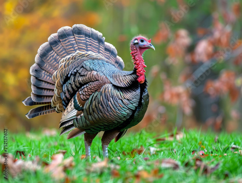 A male wild turkey with a fanned tail in a green field.