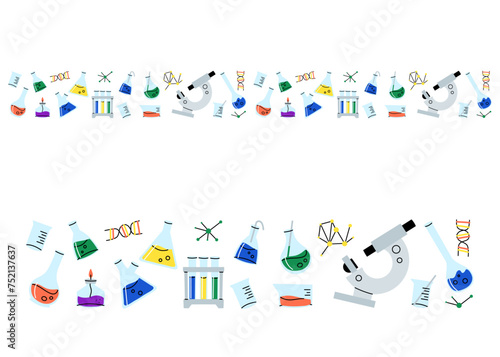 Laboratory glassware border. Chemical reagents in glass bottles and rest tubes and flasks frame. Medical lab equipment. Scientific research tools. Doodle vector cartoon isolated background