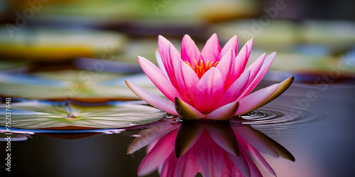 Vibrant pink water lily blooming serenely on calm waters