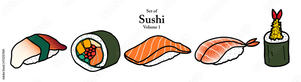 A series of sushi in cute hand drawn style. Set of 5 sushi in vivid ...