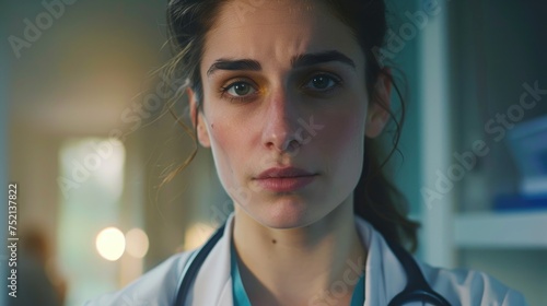 A young, empathetic female doctor wearing a stethoscope stands in a hospital, exuding care and professionalism.