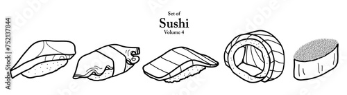 A series of sushi in cute hand drawn style. Set of 5 sushi in black outline on transparent background. Drawing of food elements for coloring book, menu or recipe design.