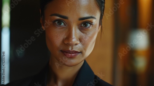 Close-up of a focused businesswoman with a strong, confident look, ready for corporate challenges.