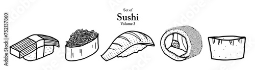 A series of sushi in cute hand drawn style. Set of 5 sushi in black outline on transparent background. Drawing of food elements for coloring book, menu or recipe design.