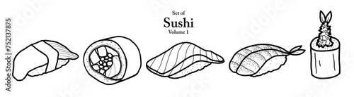 A series of sushi in cute hand drawn style. Set of 5 sushi in black outline and white plain on transparent background. Drawing of food elements for coloring book, menu or recipe design.