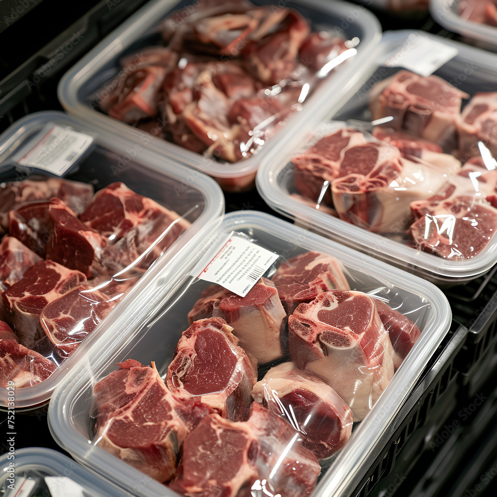 Pieces of fresh raw lamb packed in plastic trays wrapped in film with labels offered for sale