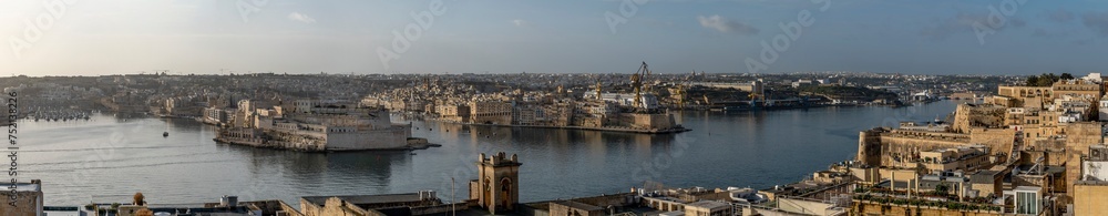 Panoramic view of the bay that separates Valletta from the three cities, island of Malta