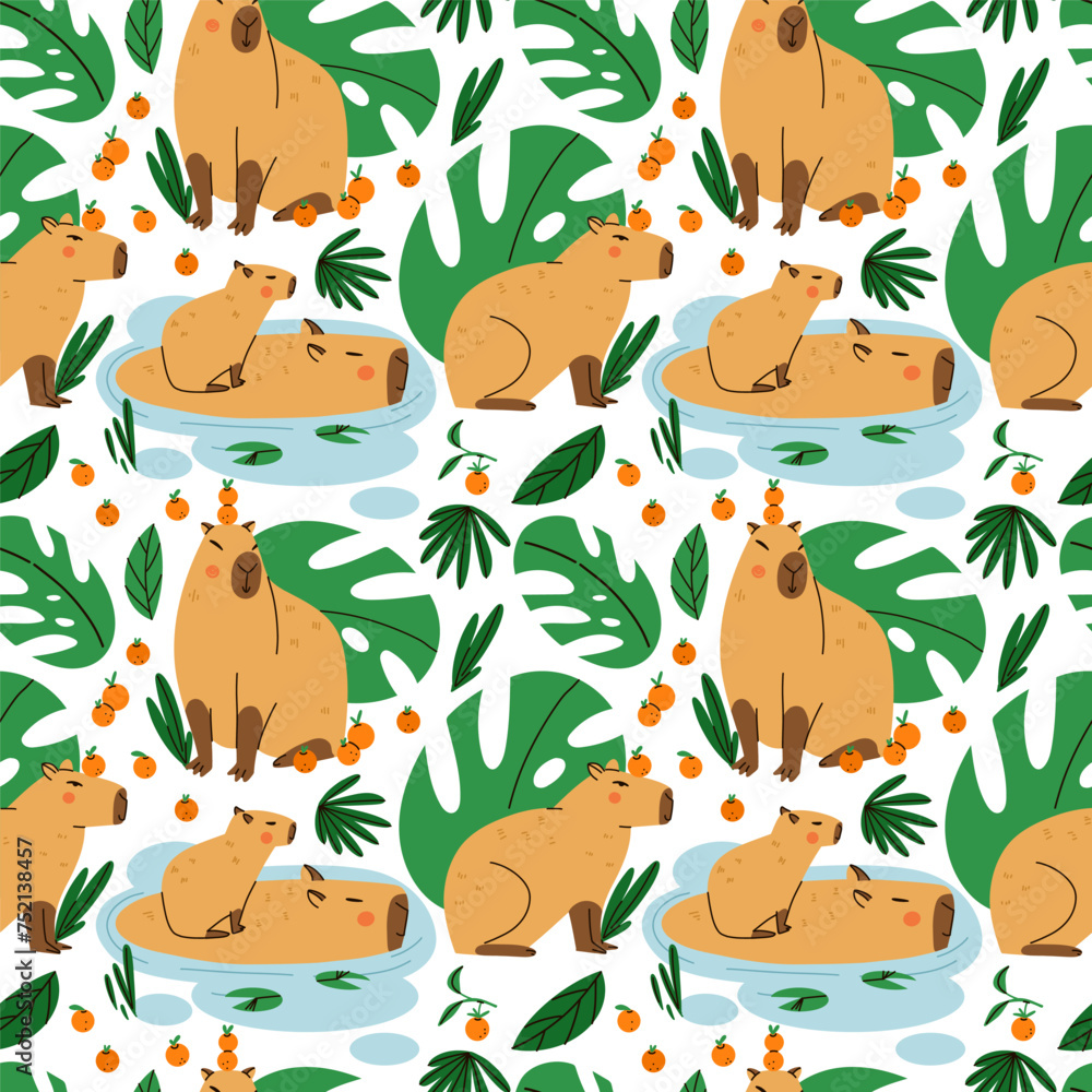 Obraz premium Cute capybara seamless pattern. Funny capibara, adorable exotic animal. South America mammal tropical leaves background. Textile, wrapping paper, wallpaper design. Print for fabric. Cartoon vector