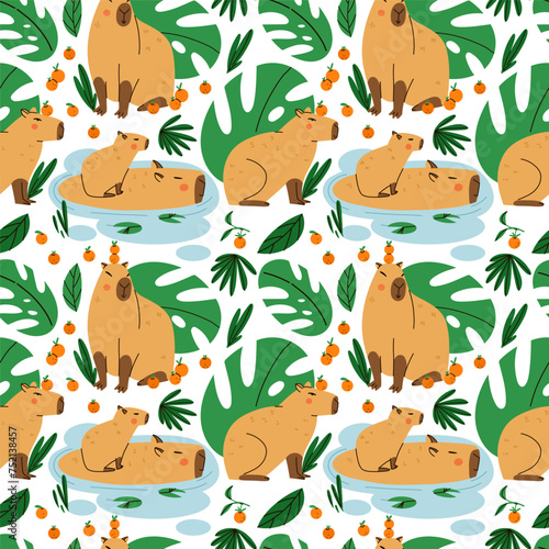 Cute capybara seamless pattern. Funny capibara  adorable exotic animal. South America mammal tropical leaves background. Textile  wrapping paper  wallpaper design. Print for fabric. Cartoon vector