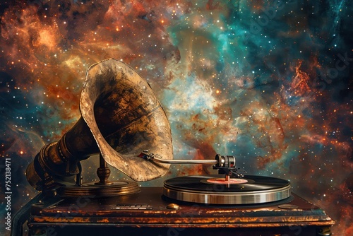  The needle of an antique gramophone gently resting on a retro vinyl set against a backdrop of an ethereal galaxy