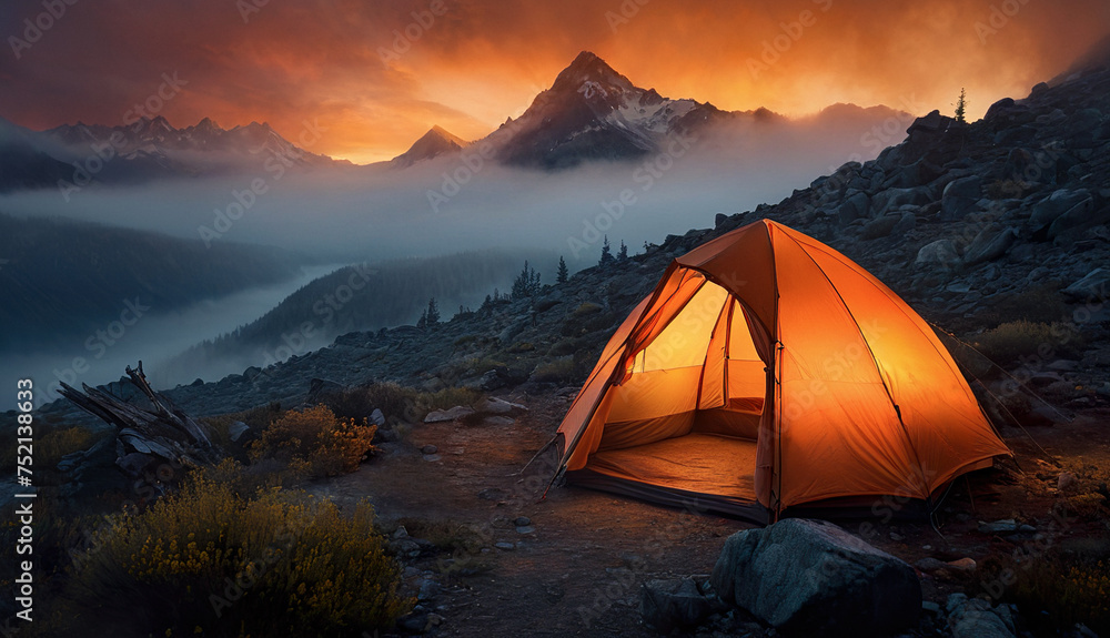 glowing orange tourist tent on a background of mountains, fog and forest, tourism, travel