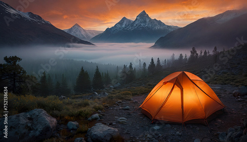 tourist tent against the background of a foggy mountain landscape, tourism, travel