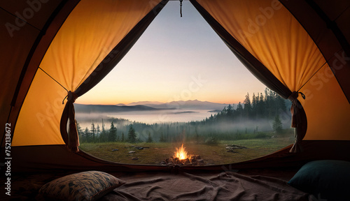 view from tent, camping fire, foggy landscape