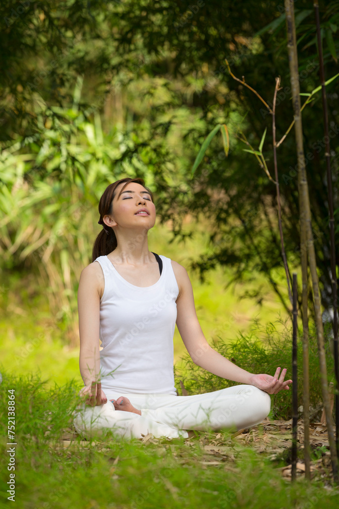 Chinese woman practicing yoga outdoors. Chinese woman practicing yoga outdoors.