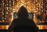 Hooded Hacker Typing on Laptop with Code Background