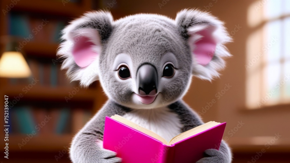 koala holding open pink book in room. concepts: reading koala, wildlife learning, cozy moments, education, world book day, world reading day, day of knowledge, reading animals, studying animal.
