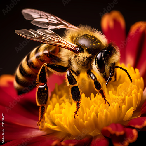 A close-up of a bee pollinating a flower. 