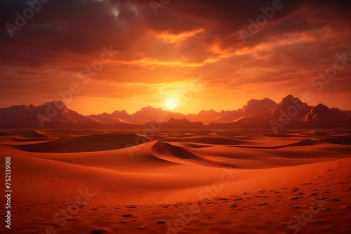 Surreal Desert Sunset: A surreal scene of the sun setting over a vast desert landscape, casting warm hues across the dunes.