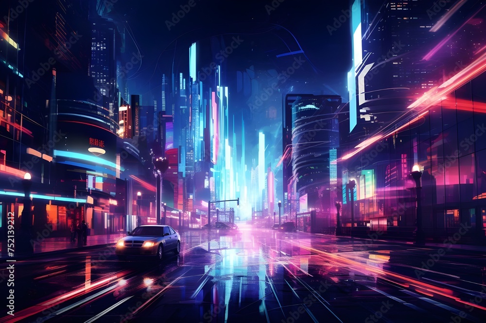 Abstract Neon Lights: A city street bathed in the vibrant glow of neon lights, creating a visually striking urban scene.

