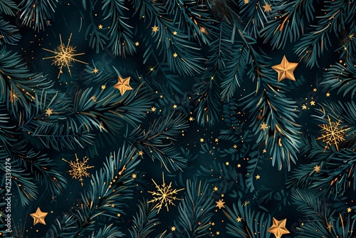 a close up of a pattern of pine branches and stars