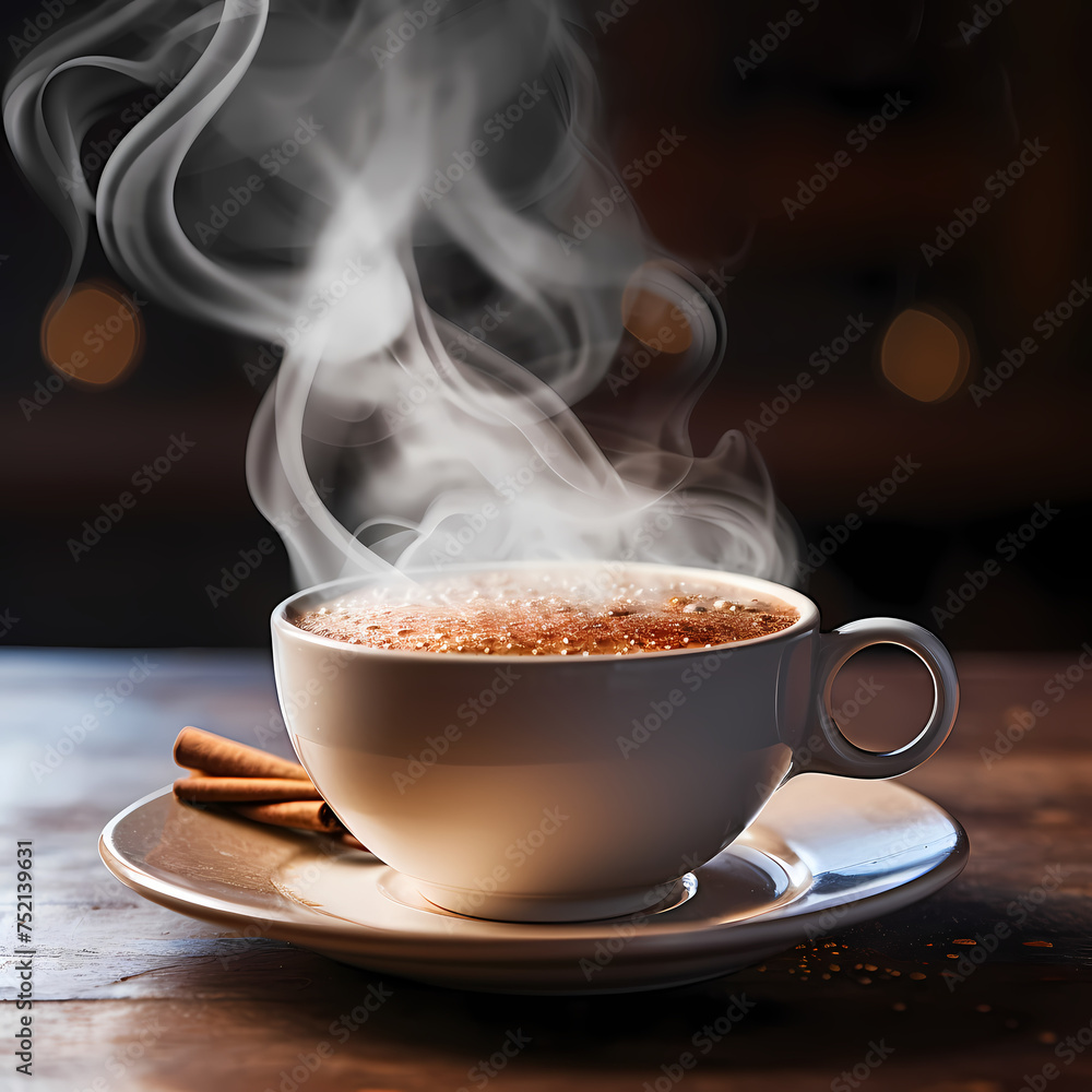 A close-up of a coffee cup with steam rising.